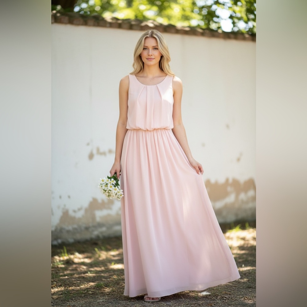 Blush Pink Chiffon Pleated Sleeveless Maxi Dress Formal‎ Wedding Guest Gown 1/2